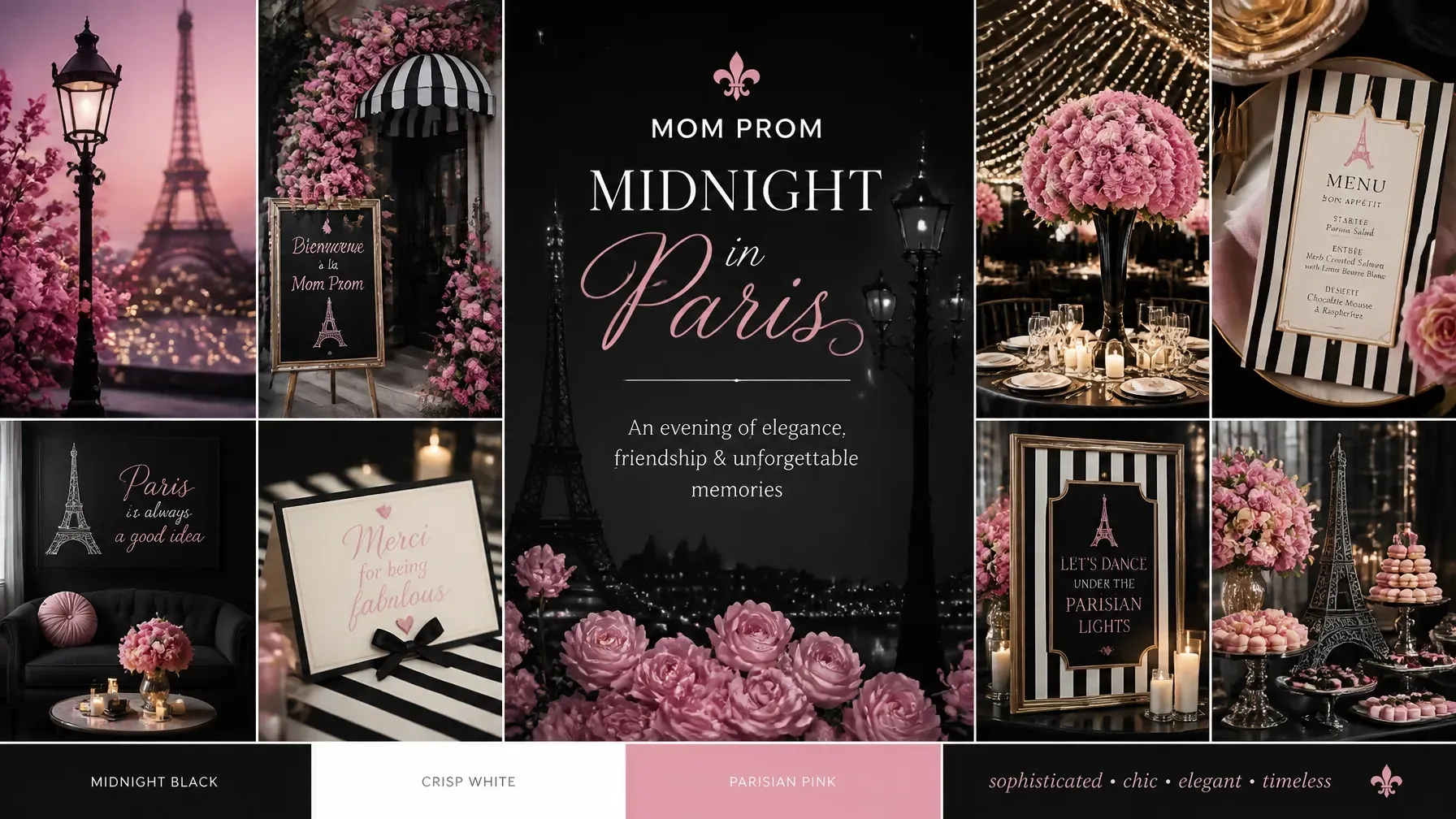 Midnight in Paris mood board with lantern-lit streets, pink flowers, Eiffel Tower details, and black-and-white stripes